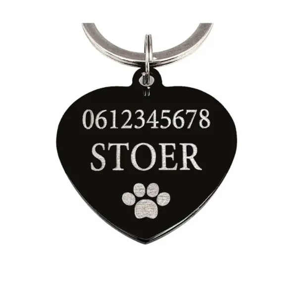 Hondenpenning hartje graveren Penning voor je hond graveren met naam, adres en telefoonnummer zwart