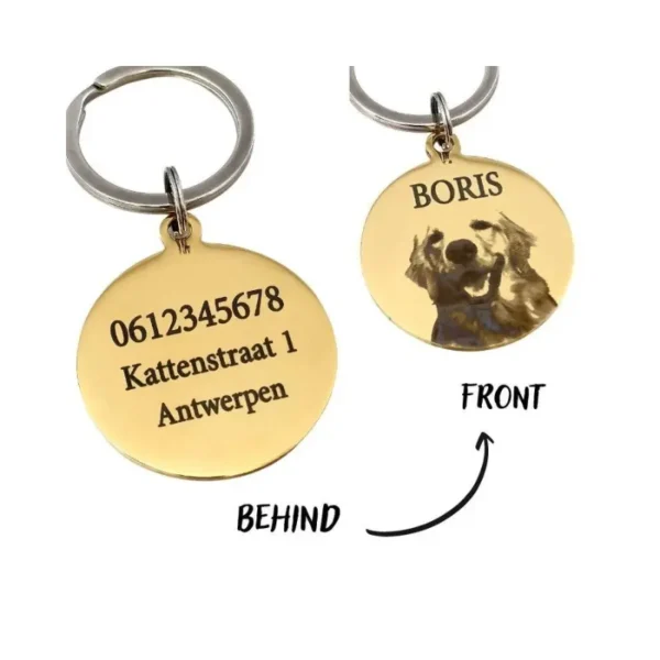 Honden penning met foto en naam graveren mooie naampenning voor hond met gegraveerde foto en telefoonnummer goudkleurig